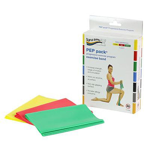 Fabrication Enterprises Sup-R Band Latex Free Exercise Band - PEP pack, 3-piece set (1 each: Yellow, Red, Green)-Fabrication Enterprises-HeartWell Medical