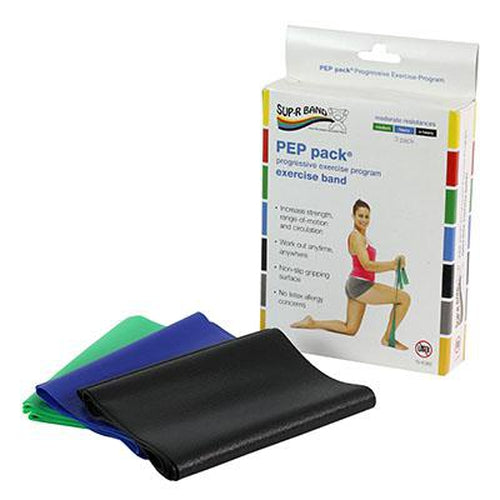 Fabrication Enterprises Sup-R Band Latex Free Exercise Band - PEP pack, 3-piece set (1 each: Green, Blue, Black)-Fabrication Enterprises-HeartWell Medical