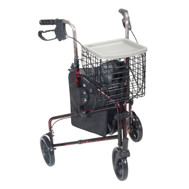 Drive Medical 3 Wheel Rollator Rolling Walker with Basket Tray and Pouch, Flame Red-Drive Medical-HeartWell Medical